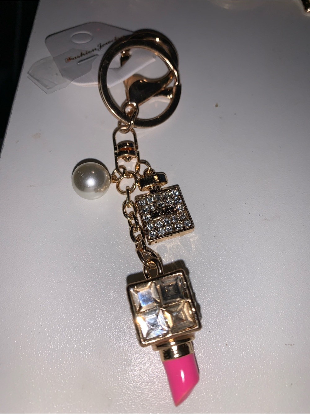 Crystal lipstick/perfume with pearls purse/bag charm Keychain